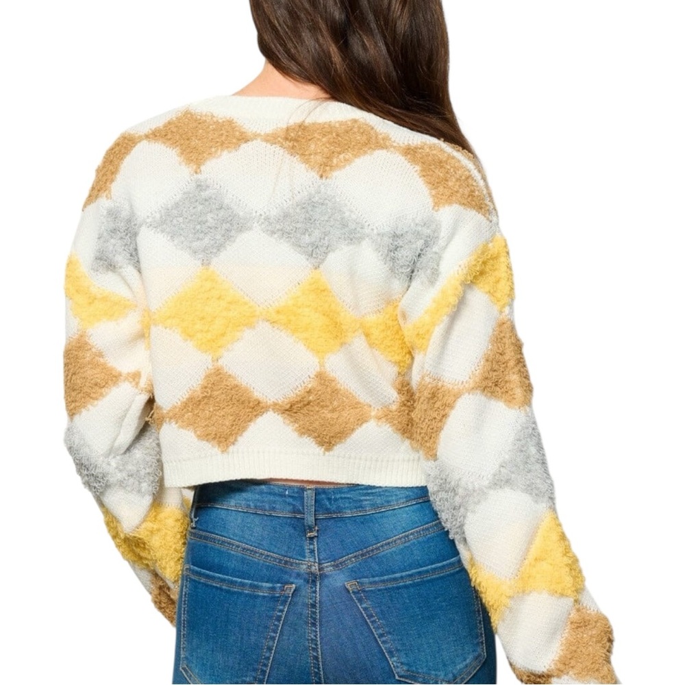 Textured Argyle Cropped Sweater Soft Fuzzy Knit Yellow Tan Gray S M L - Picture 3 of 6